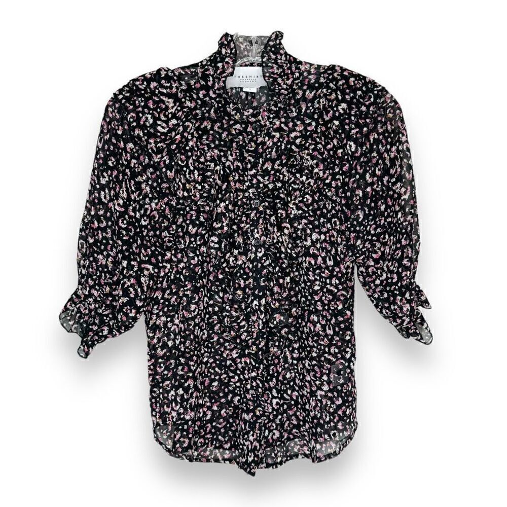 Rochelle Behrens THE SHIRT Black Pink Pattern Ruffle Short Blouse Top Women’s S